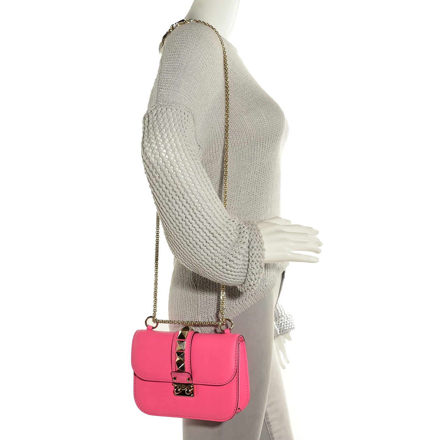 Vitello Small Glam Lock Rockstud Flap Fuxia Fluo