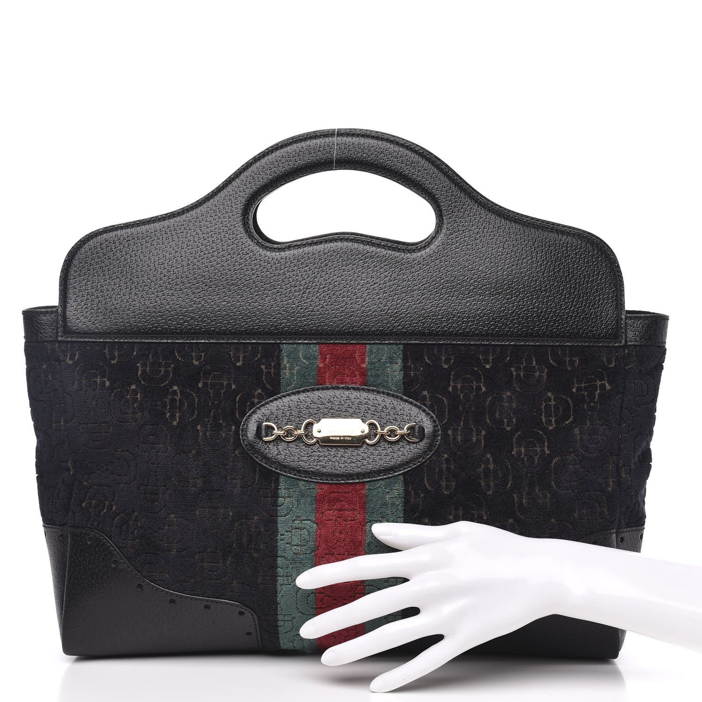 Velvet Horsebit Embossed Medium Punch Top Handle Tote Black