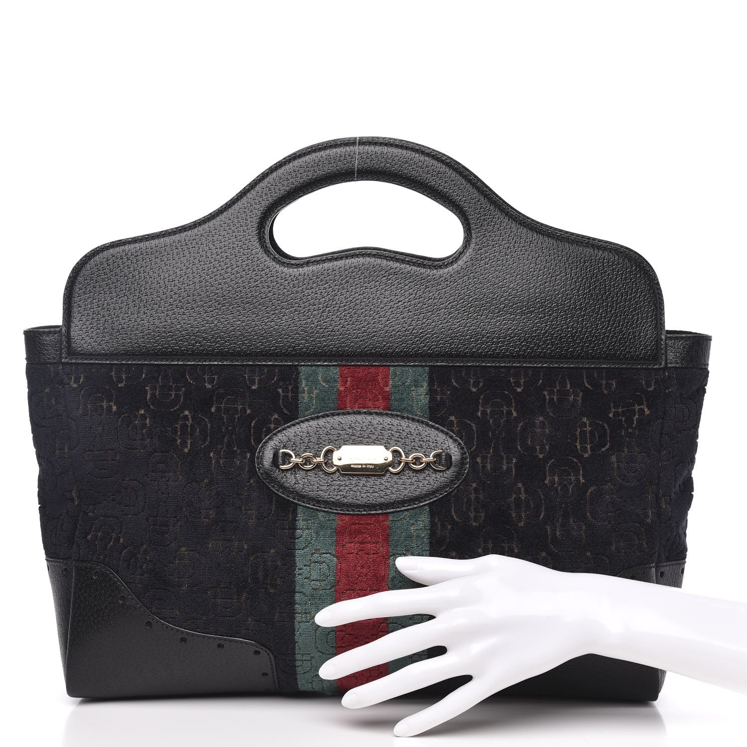 Gucci Velvet Horsebit Embossed Medium Punch Top Handle Tote Black 2 of 10