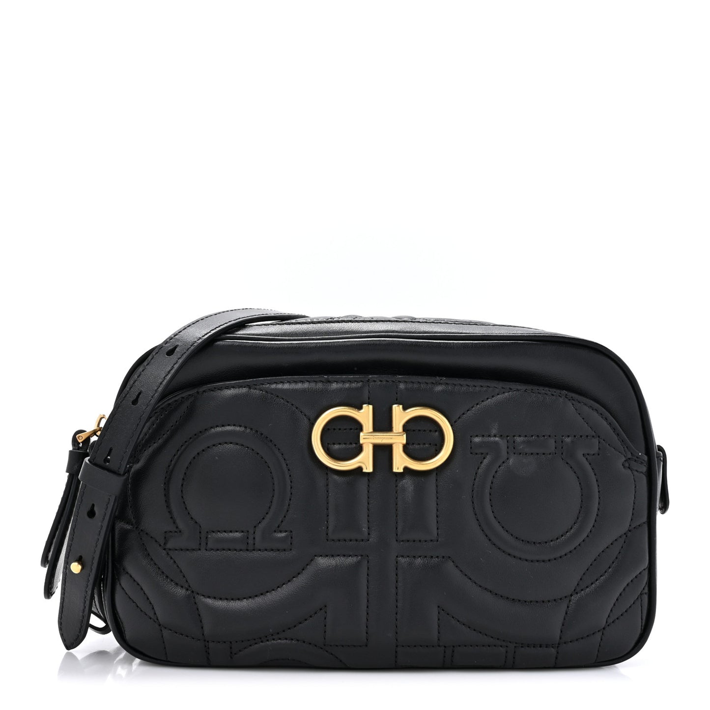 SALVATORE FERRAGAMO Calfskin Quilted Gancini Camera Bag Black