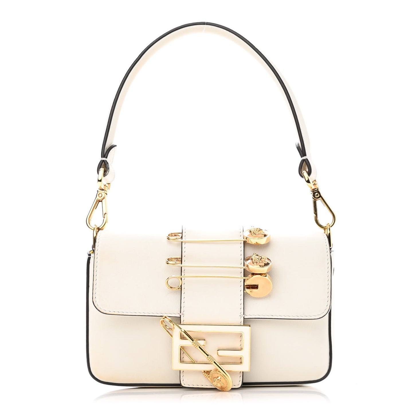 X VERSACE Vitello Seta Fendace Mini Brooch Baguette White Ice
