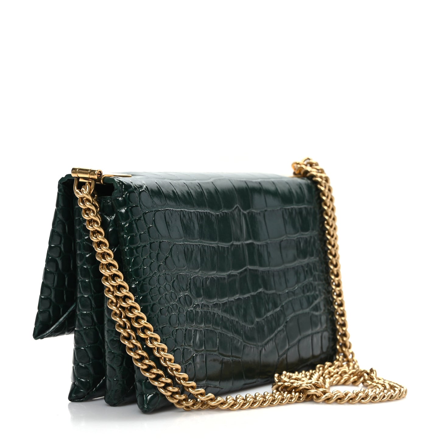 Shiny Extra Supple Calfskin Crocodile Embossed Small Triplet Bag Forest Green