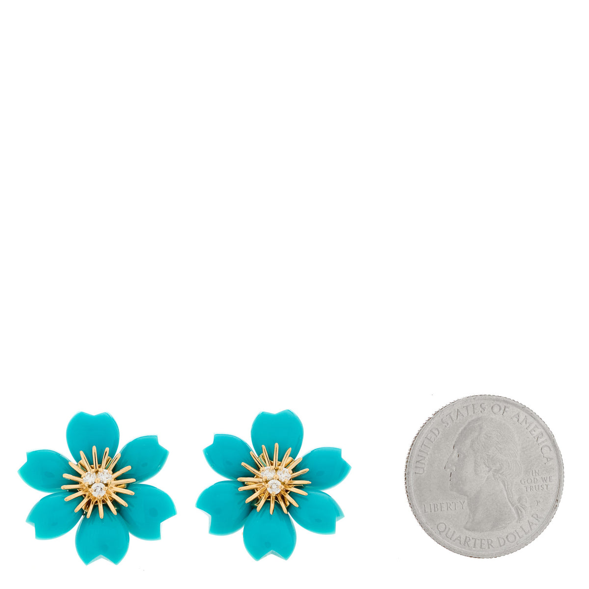 Van Cleef & Arpels 18K Yellow Gold Diamond Turquoise Mini Rose De Noel Earrings 2 of 4