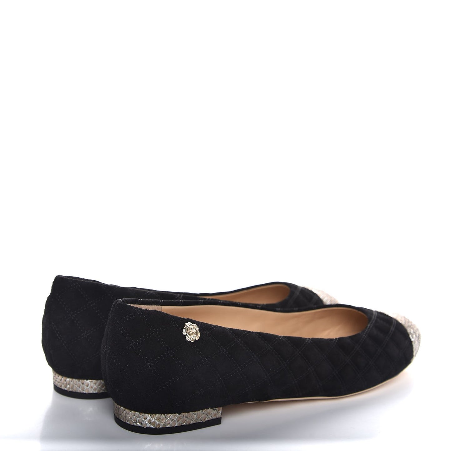 Suede Python Quilted CC Cap Toe Ballerina Flats 40.5 Black Gold