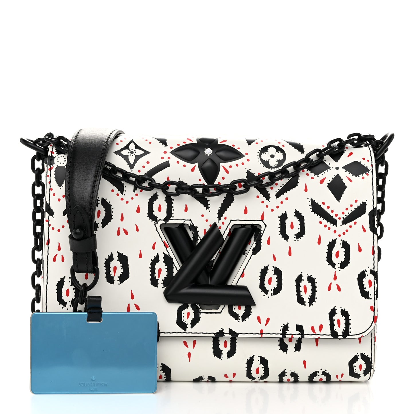 Calfskin Graphic Print Twist Shoulder Bag MM White Black