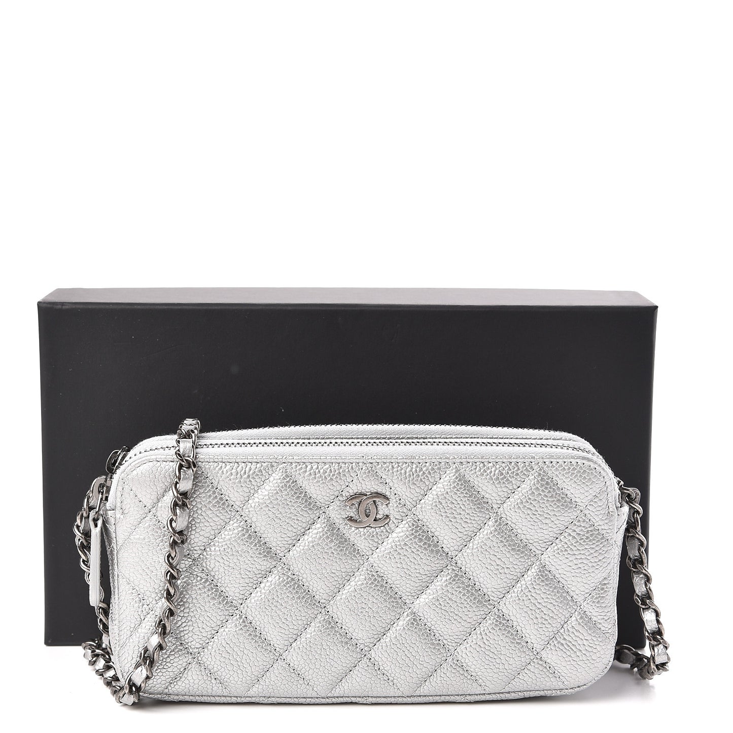 Metallic Caviar Quilted Small Clutch With Chain Silver