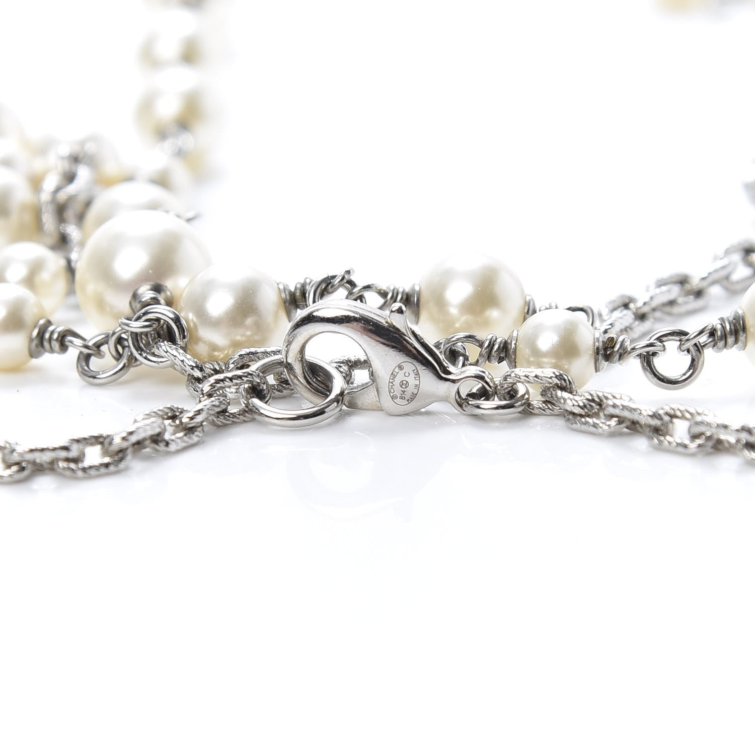 Chanel Pearl Baguette Crystal CC Long Necklace Silver 4 of 5