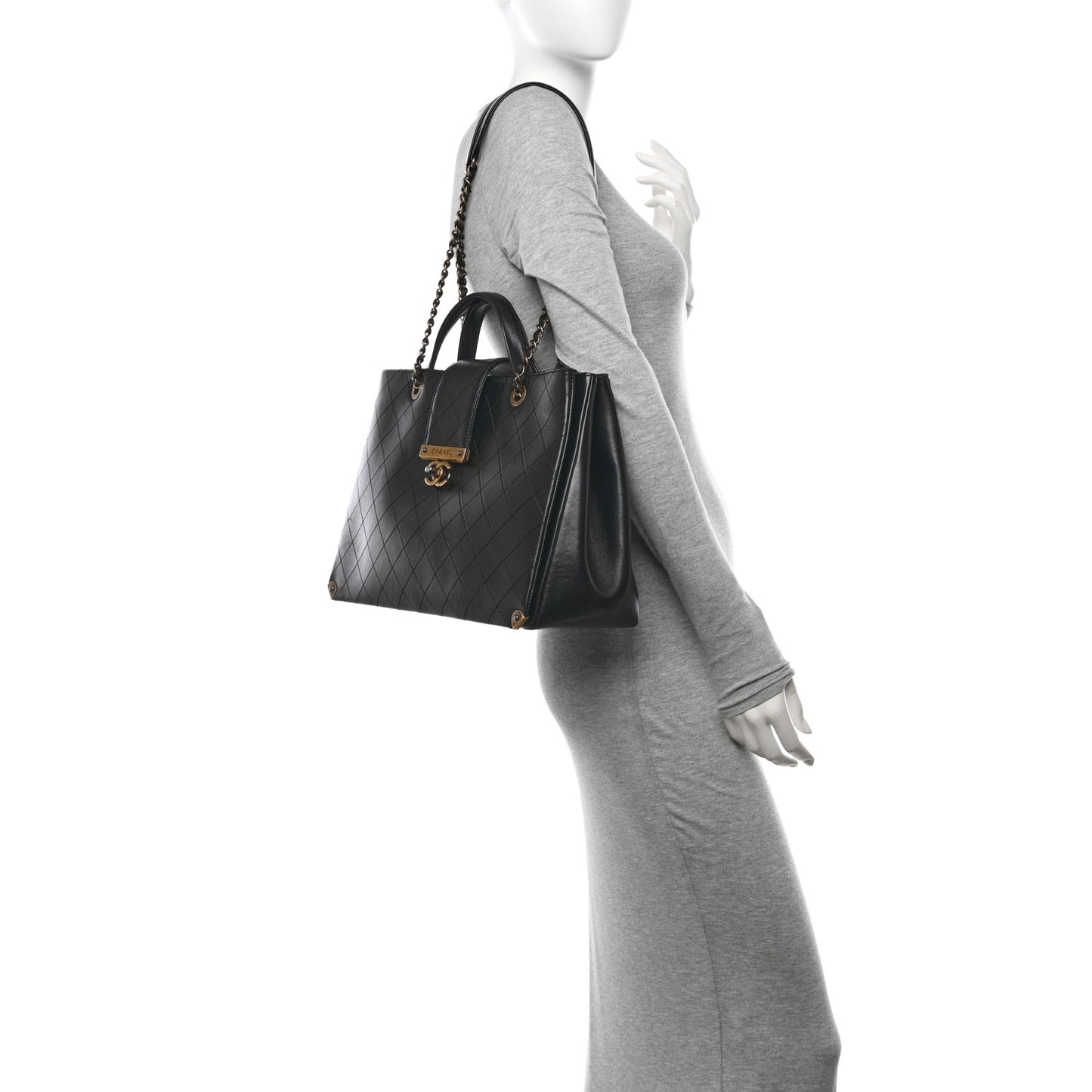 Lambskin Stitched Large Around The Corner Shopping Tote Black