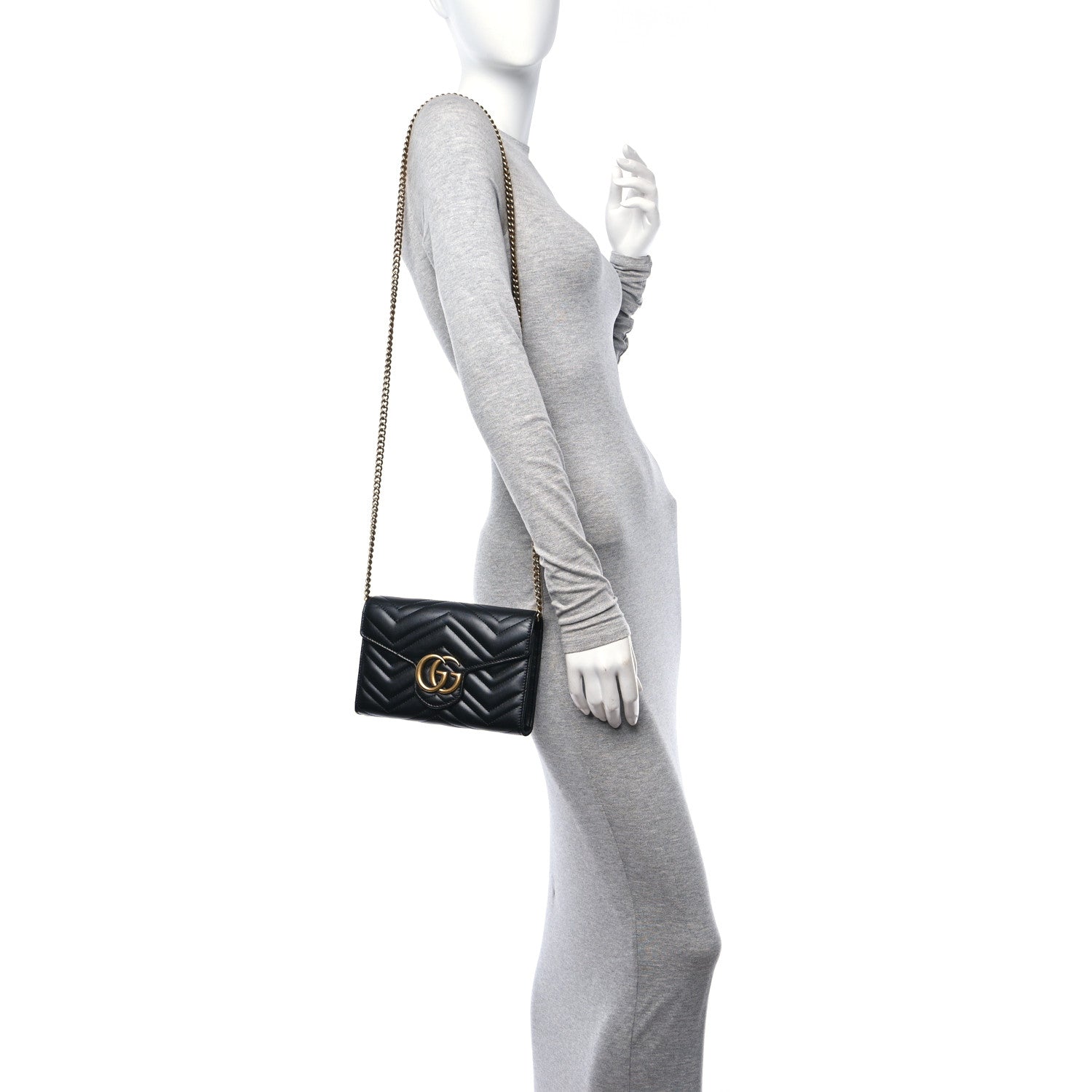 Gucci Calfskin Matelasse GG Marmont Chain Wallet Black 2 of 9