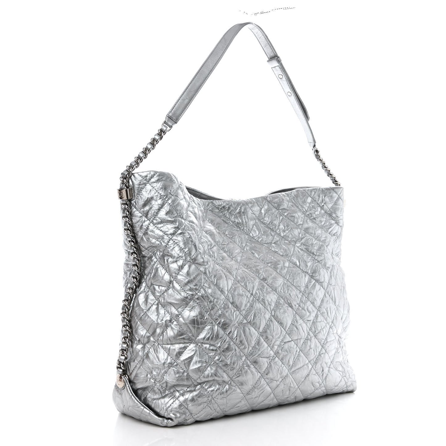 Metallic Crackled Calfskin Quilted Large Big Bang Hobo Silver