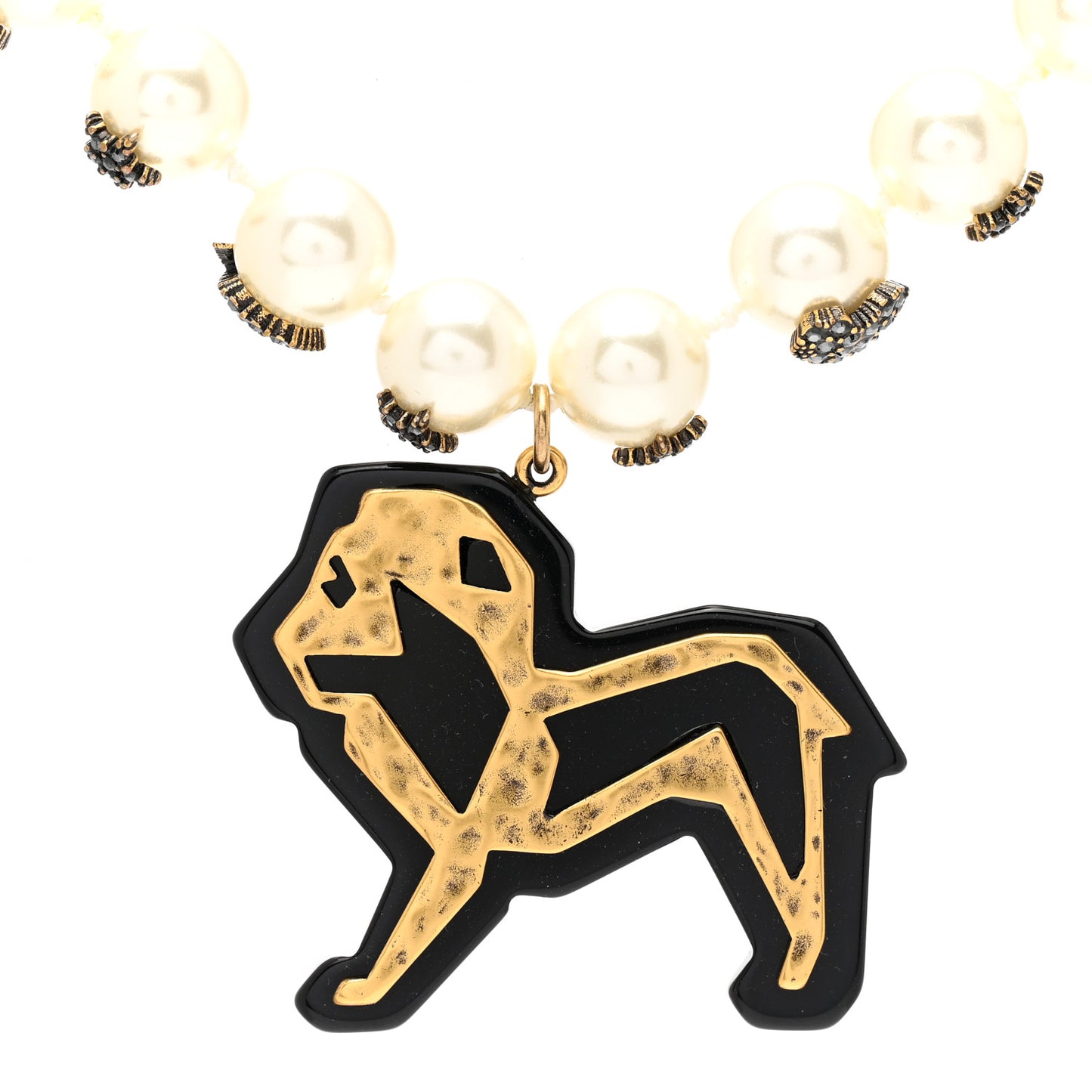 Pearl Resin Crystal Lion Pendant Choker Necklace Gold White Black