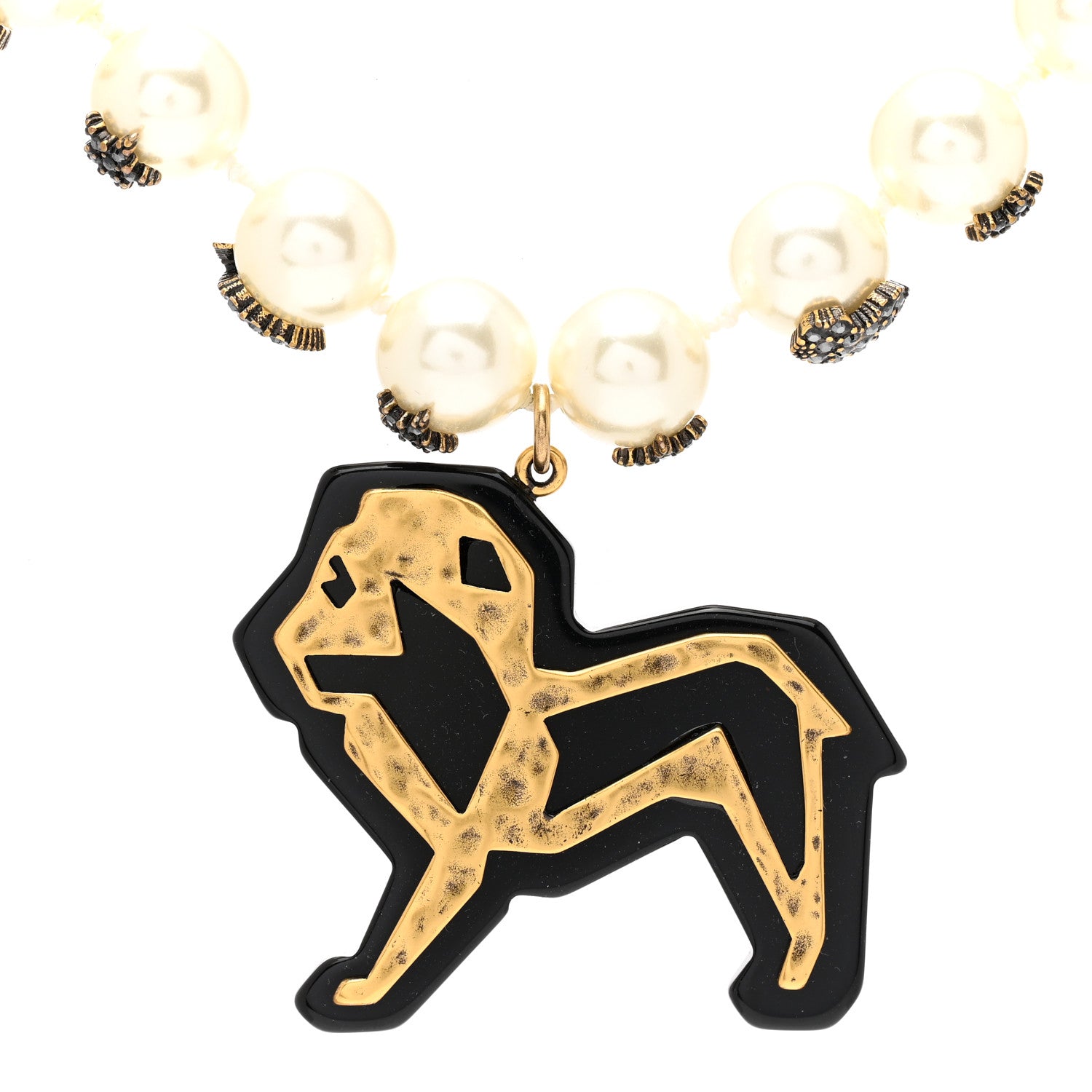 Christian Dior Pearl Resin Crystal Lion Pendant Choker Necklace Gold White Black 4 of 6