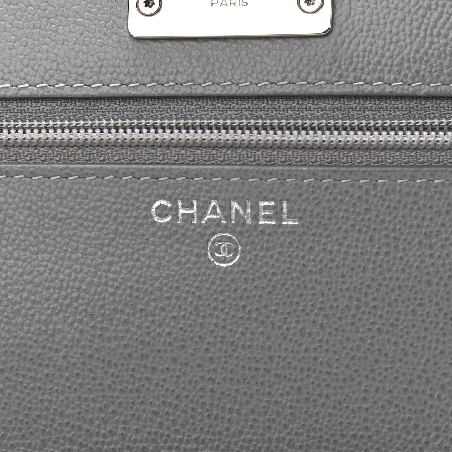 Grained Calfskin Quilted CC Box Wallet On Chain WOC Grey