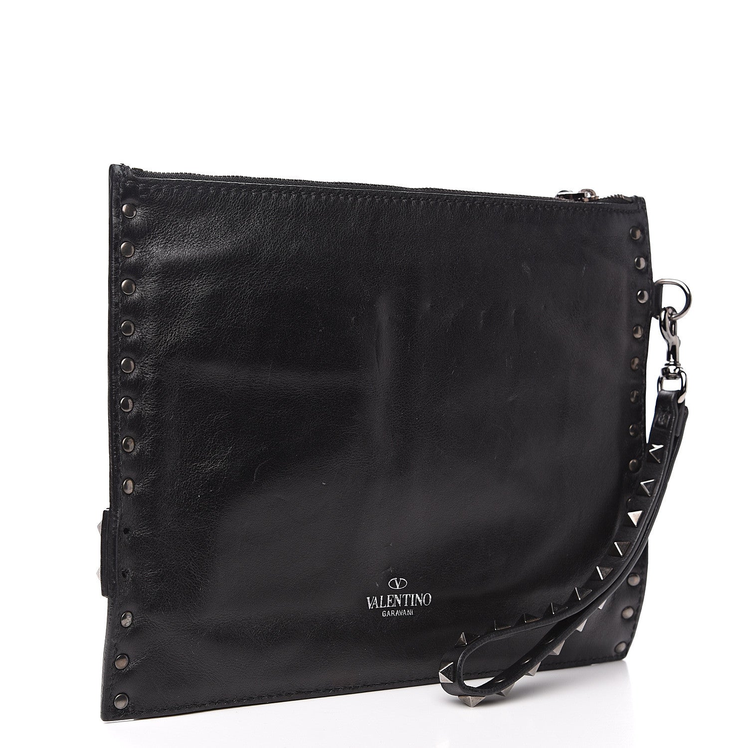 Valentino Garavani Vitello Rockstud Triple Zip Wristlet Pouch Black 2 of 10