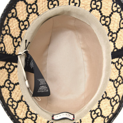 Gucci Raffia Elaphe GG Monogram Embroidered Fedora Hat M Ivory Black 4 of 6