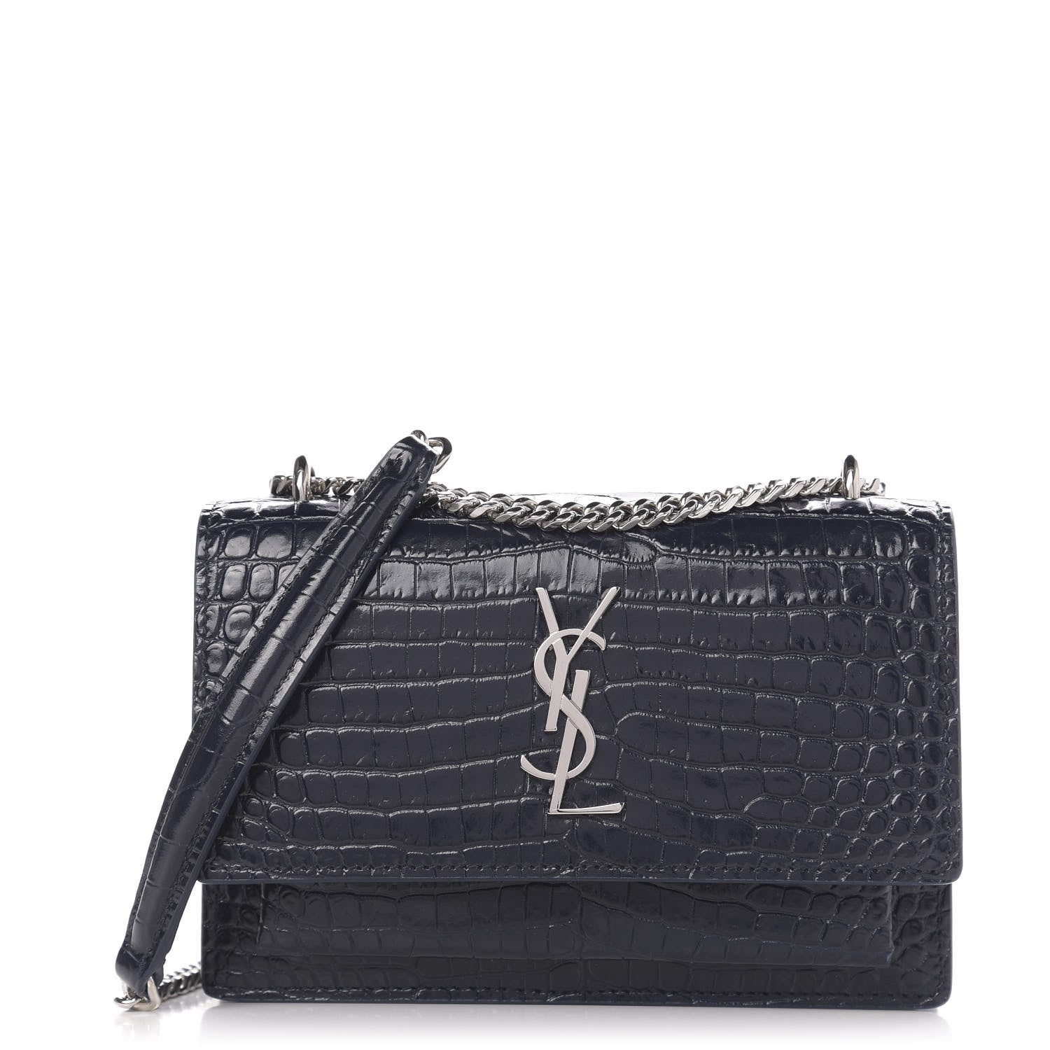 Saint Laurent Calfskin Crocodile Embossed Monogram Sunset Chain Wallet Navy 1 of 9
