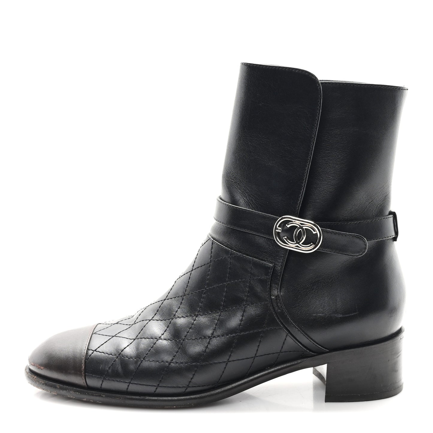 Calfskin Quilted Cap Toe Boots 41 Black Brown
