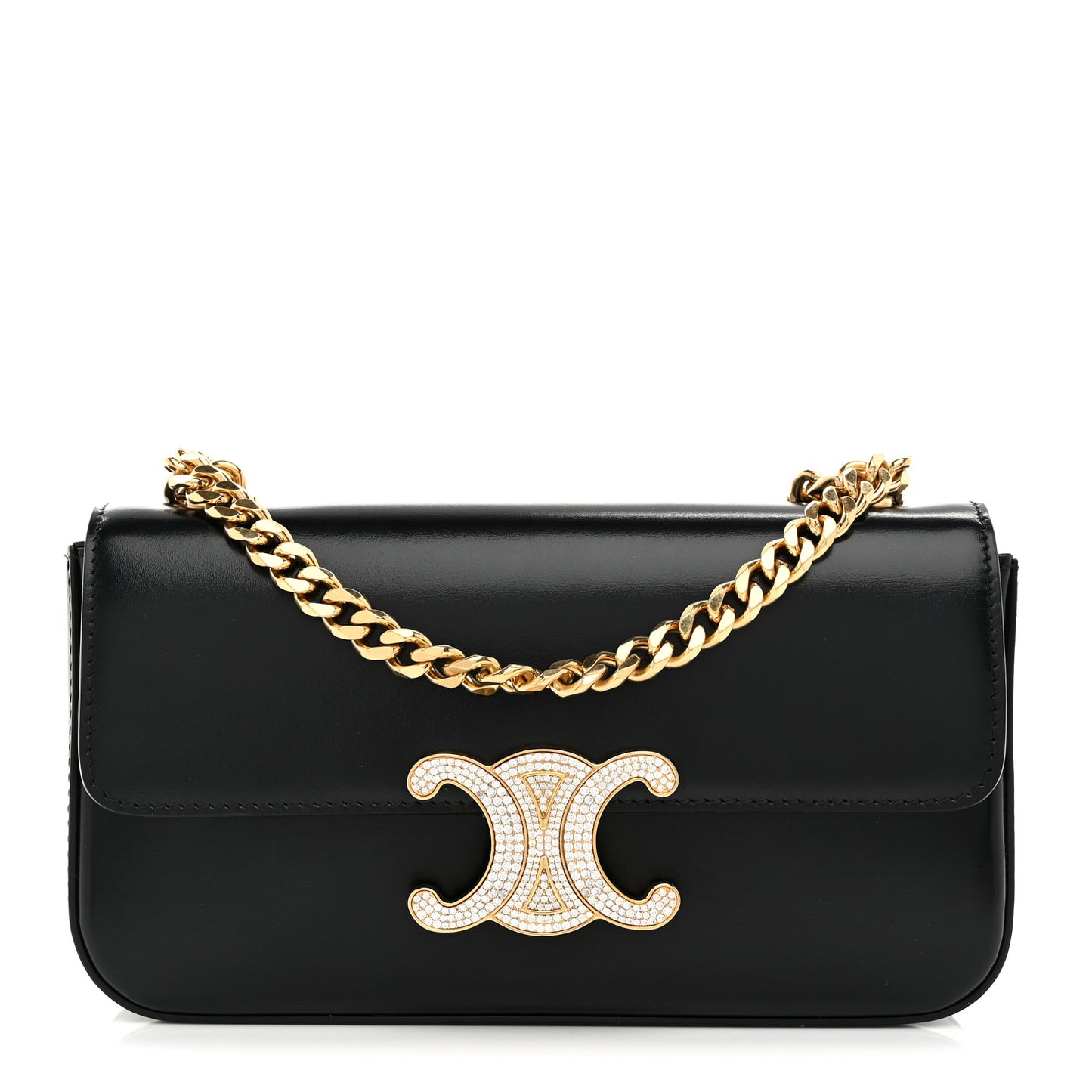 Shiny Calfskin Triomphe Crystals Chain Shoulder Bag Black