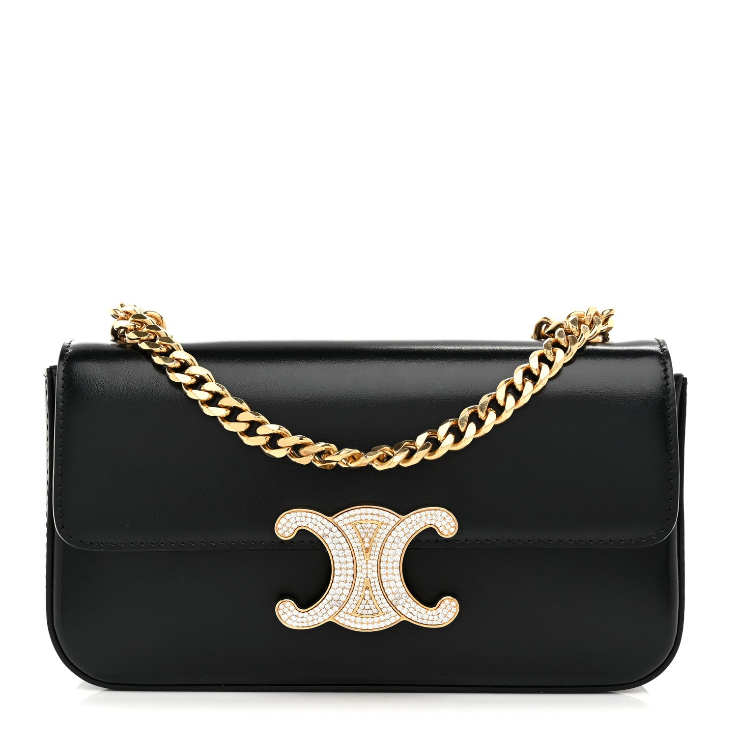 Celine Shiny Calfskin Triomphe Crystals Chain Shoulder Bag Black 1 of 12