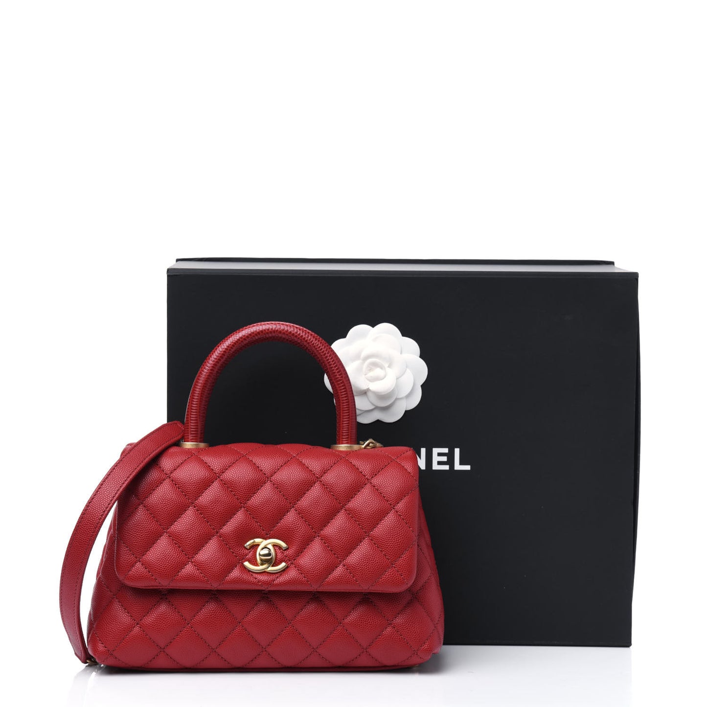 Caviar Lizard Embossed Quilted Mini Coco Handle Flap Red