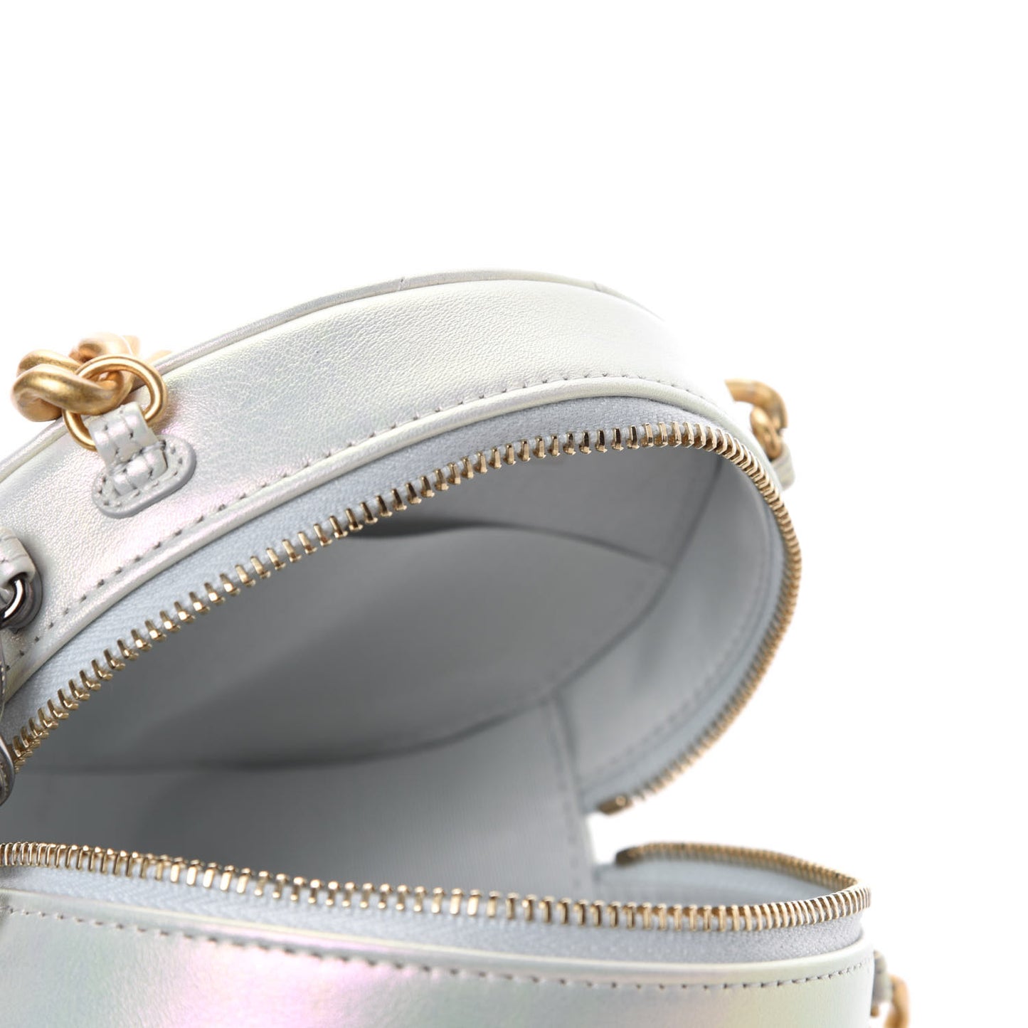 Iridescent Calfskin Quilted 19 Round Clutch With Chain White