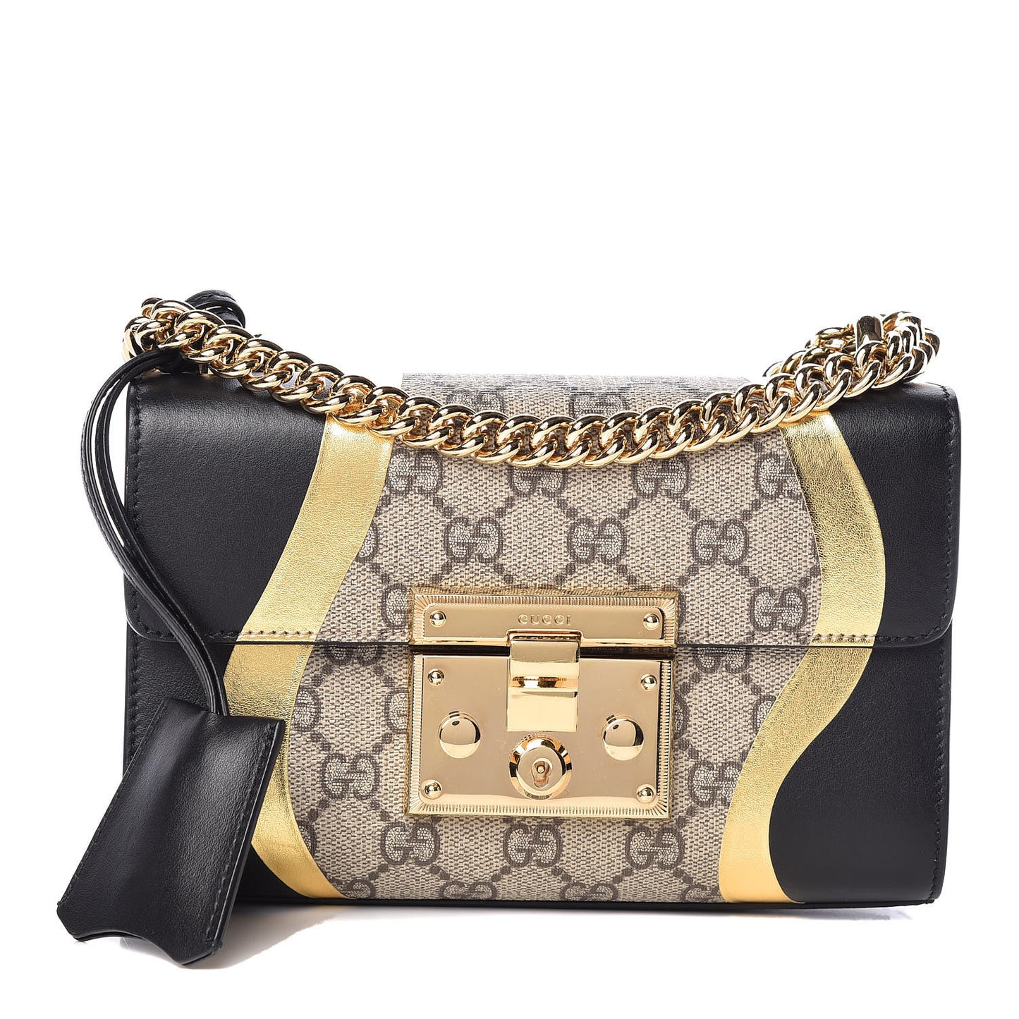 Calfskin GG Supreme Monogram Small Padlock Shoulder Bag Black Gold