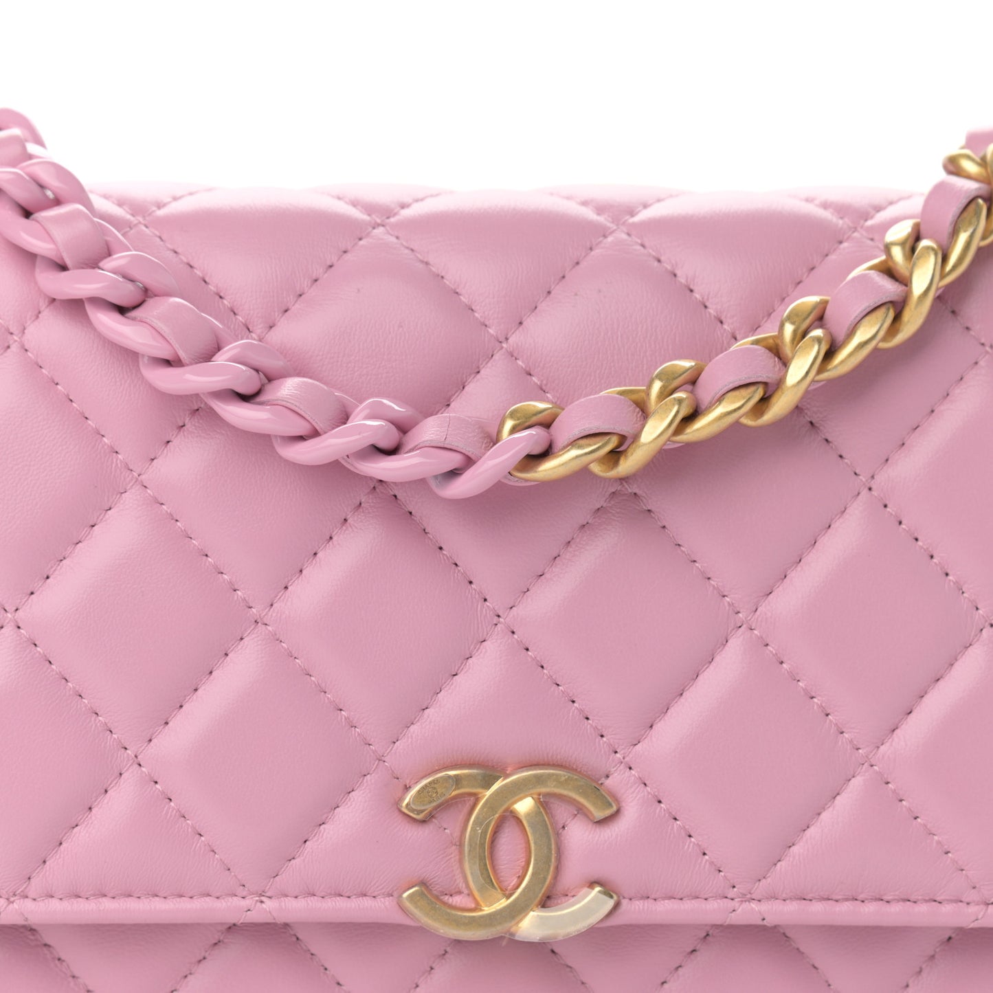 Lambskin Resin Quilted Wallet On Chain WOC Dark Pink