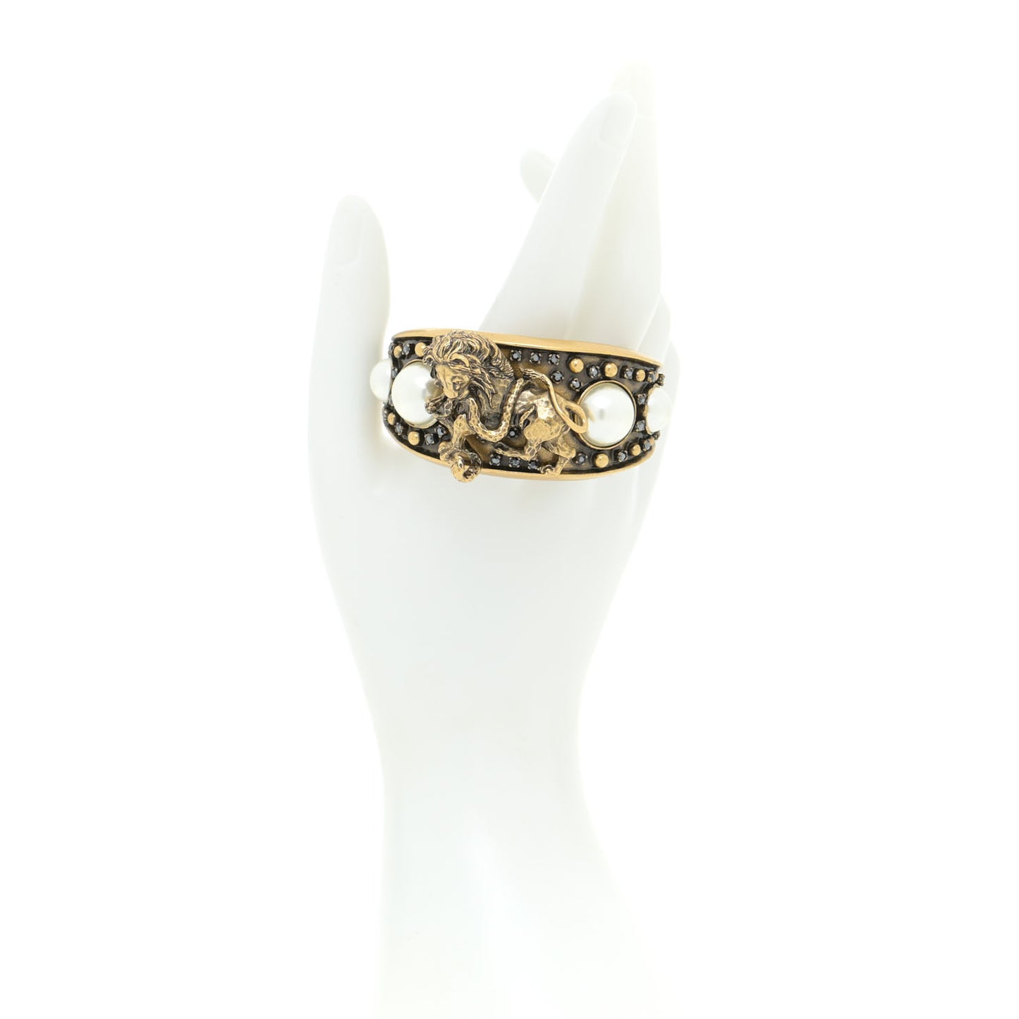 Metal Pearl Crystal Dior D-Wild Lion Cuff Antique Gold