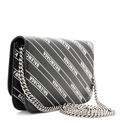 Balenciaga Matte Calfskin Diagonal Allover Logo Print B Wallet on Chain Black White 3 of 9