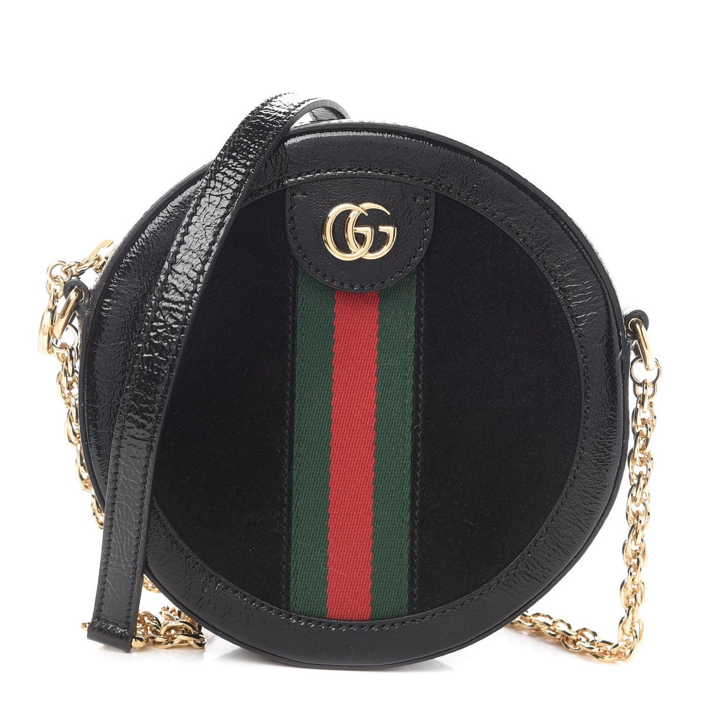 Suede Patent Web Mini Ophidia Round Shoulder Bag Black