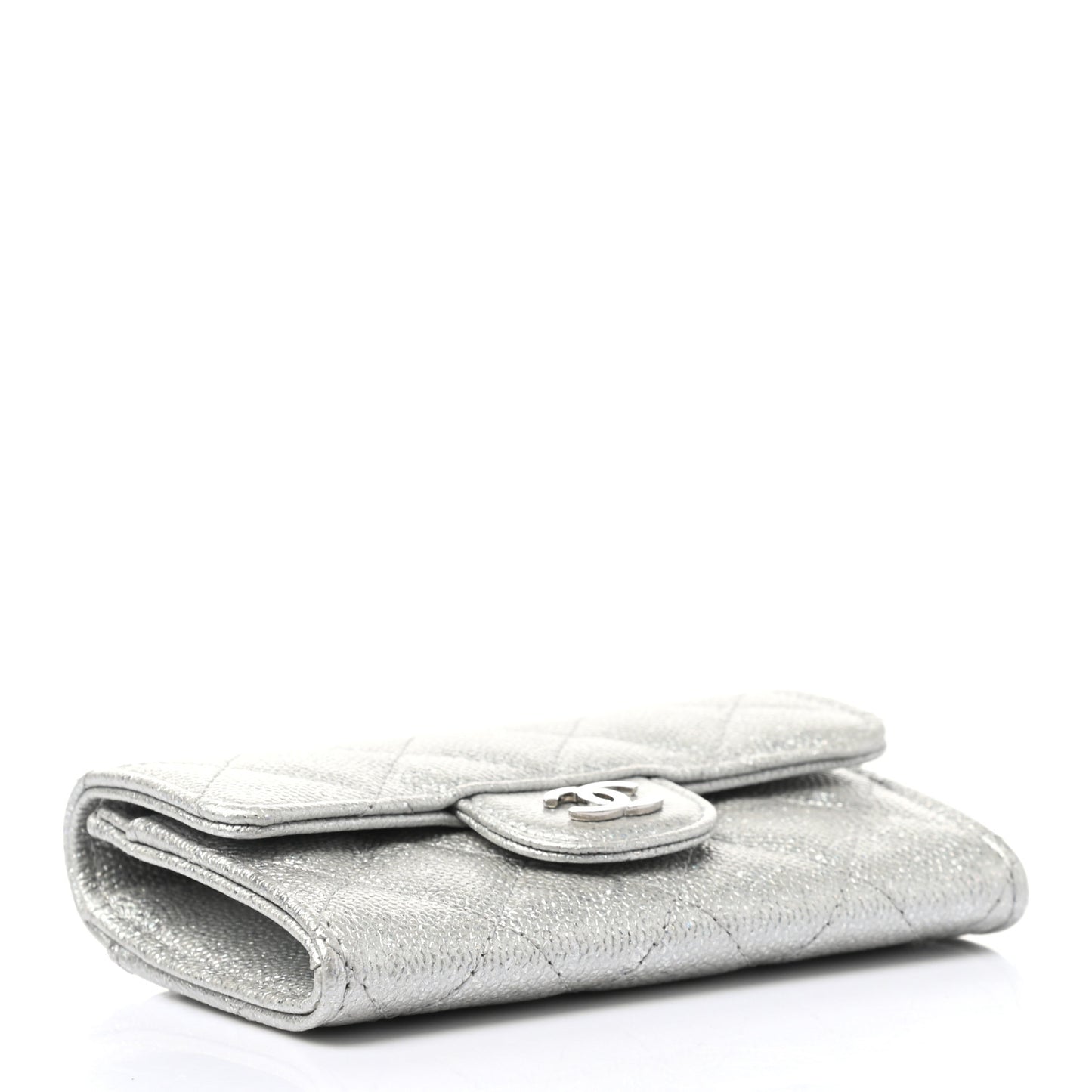 Metallic Caviar Quilted Flap Card Holder Wallet Silver