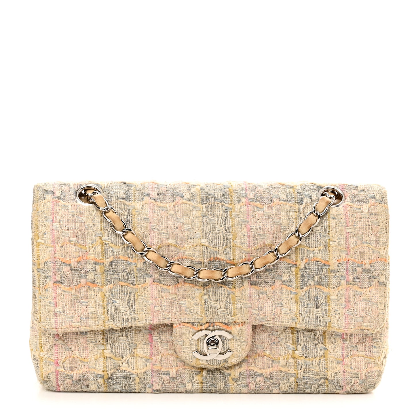 Tweed Quilted Medium Double Flap Beige Multicolor