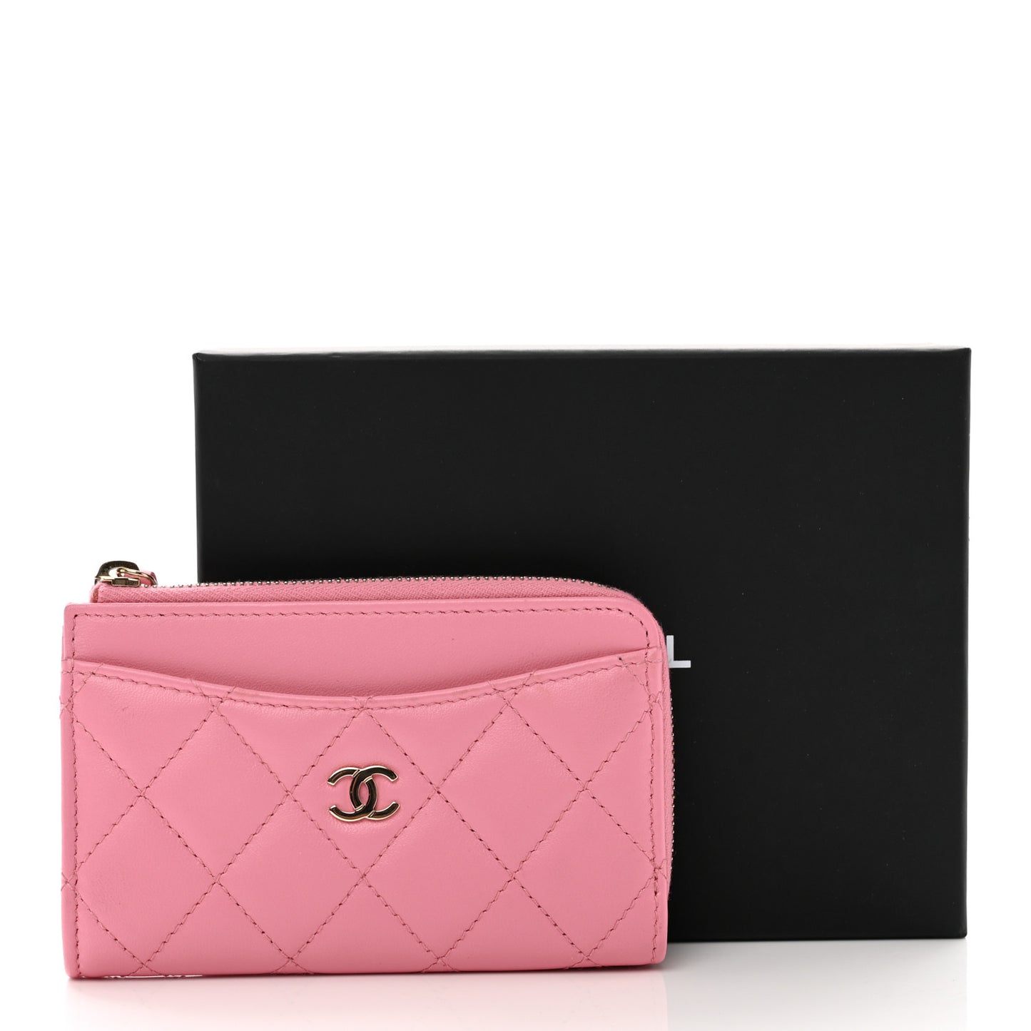 Lambskin Quilted CC Zip Around Card Holder Pink