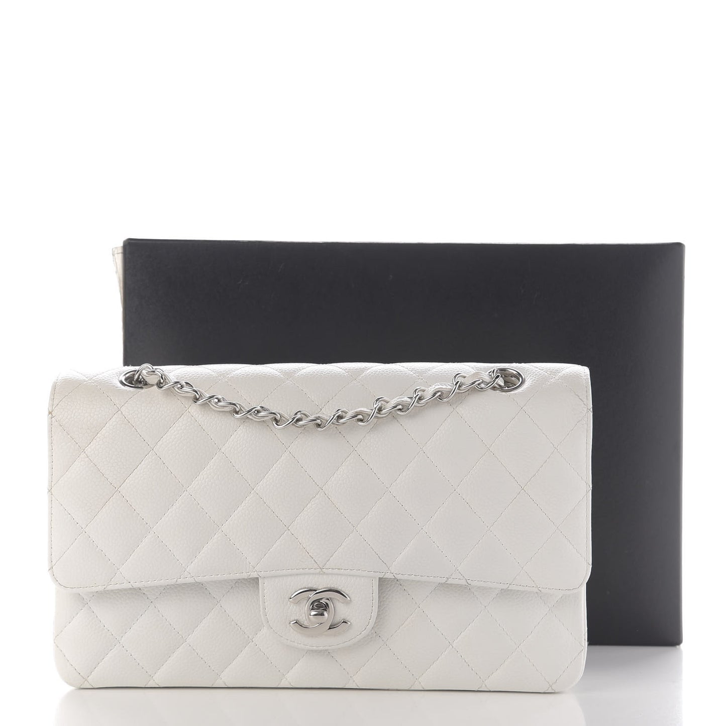 Caviar Quilted Medium Double Flap White