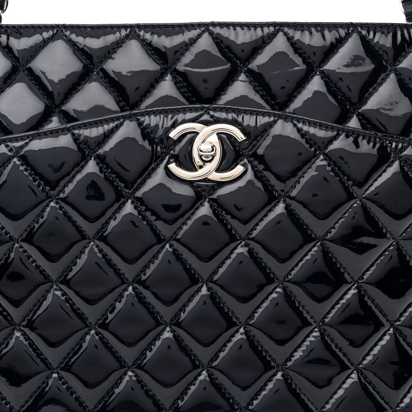 Patent Quilted Accordion Shopping Tote Navy