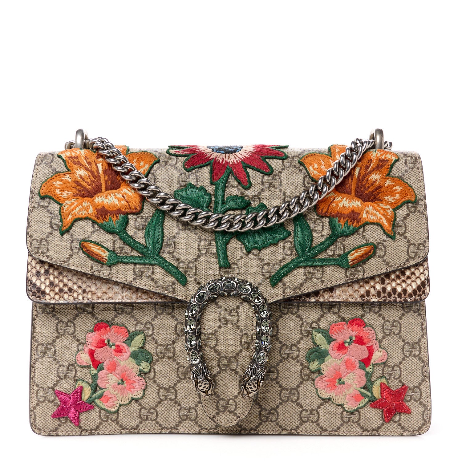 Gucci GG Supreme Monogram Snakeskin Flower Embroidered Medium Dionysus Shoulder Bag Beige Orange 1 of 11