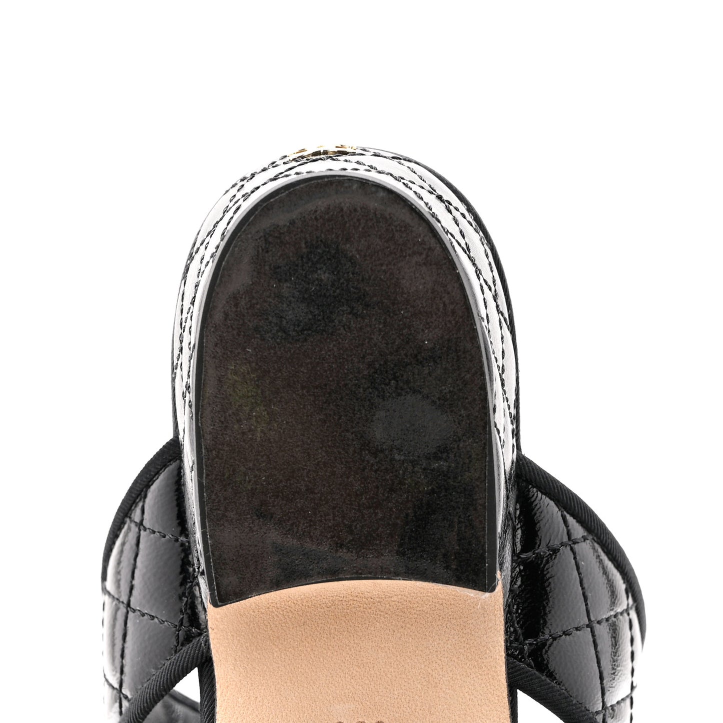 Distressed Patent Quilted Chain Mule Sandals 36 Black