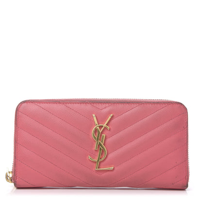 Saint Laurent Grain De Poudre Matelasse Chevron Monogram Zip Around Wallet Bubblegum 1 of 13
