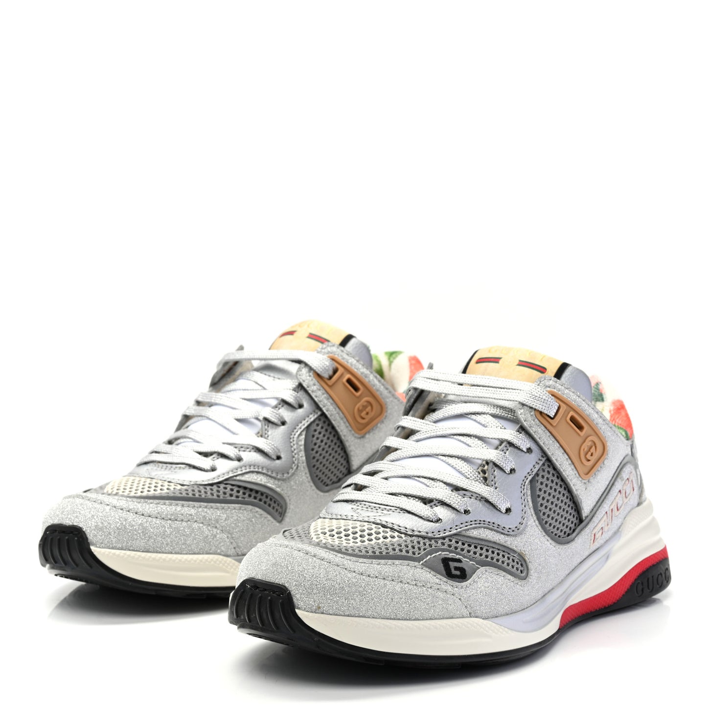 Metallic Calfskin Glitter Mesh Womens Ultrapace Sneakers 37 Silver Light Grey Mystic White