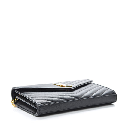 Saint Laurent Grain De Poudre Matelasse Chevron Monogram Chain Wallet Black 4 of 12