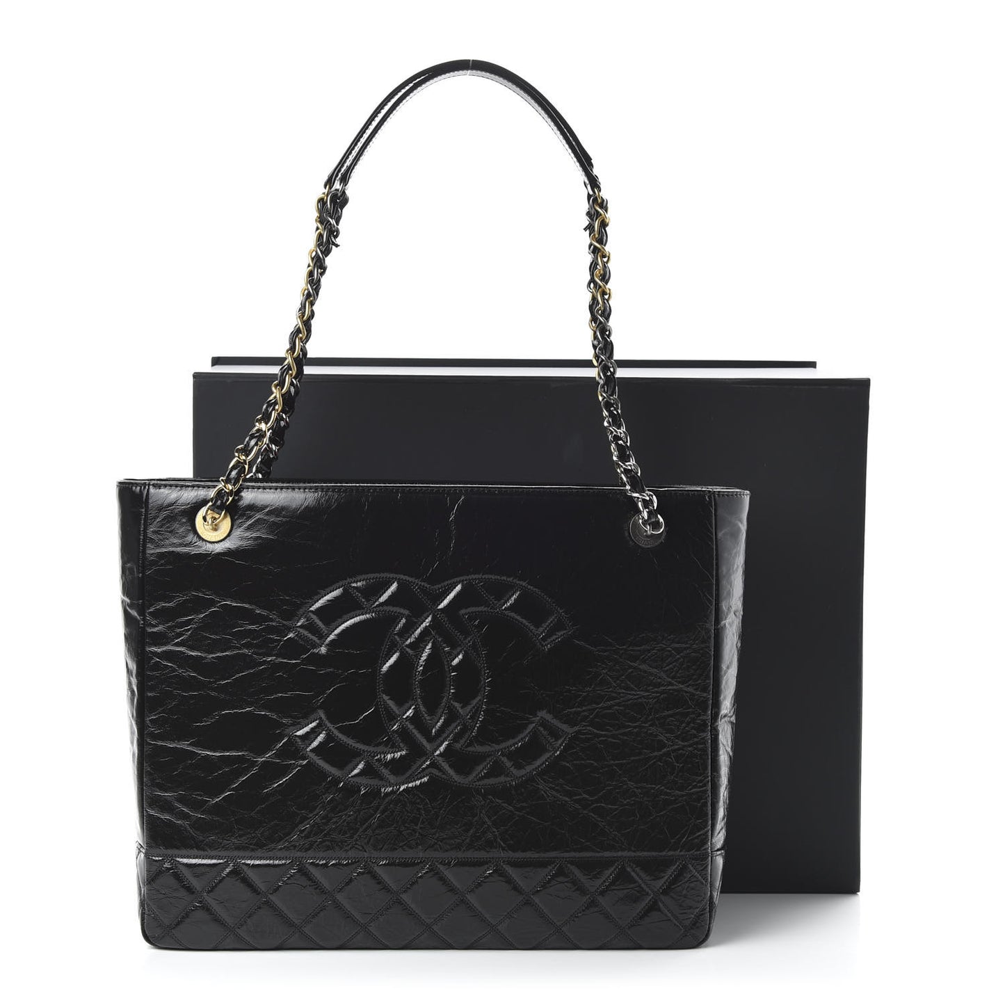 Shiny Aged Calfskin Quilted Large Shopping Bag Black