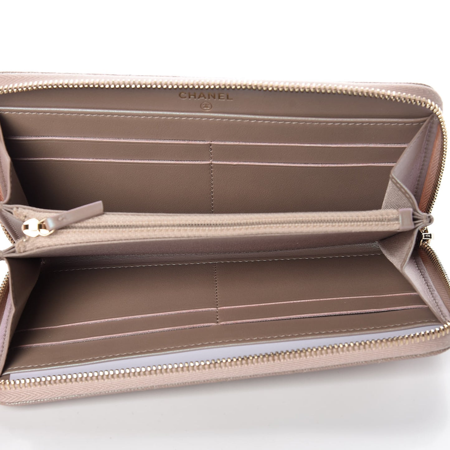 Iridescent Caviar Quilted Long Zip Around Wallet Beige