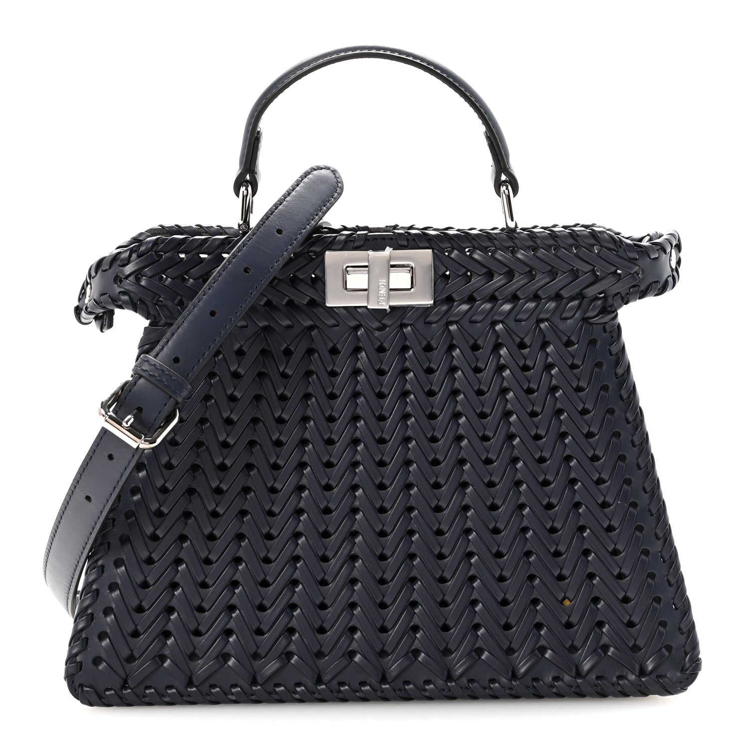 Fendi Vitello King Shiny Nappa Intreccio Petite Peekaboo I SEE U Satchel Midnight 1 of 9