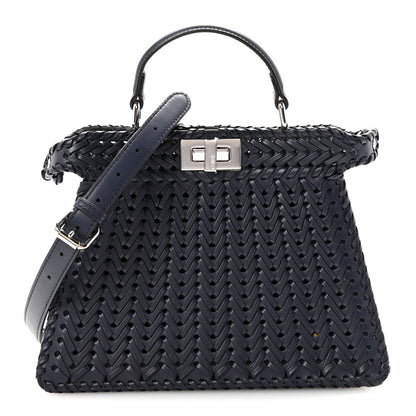 Fendi Vitello King Shiny Nappa Intreccio Petite Peekaboo I SEE U Satchel Midnight 1 of 9