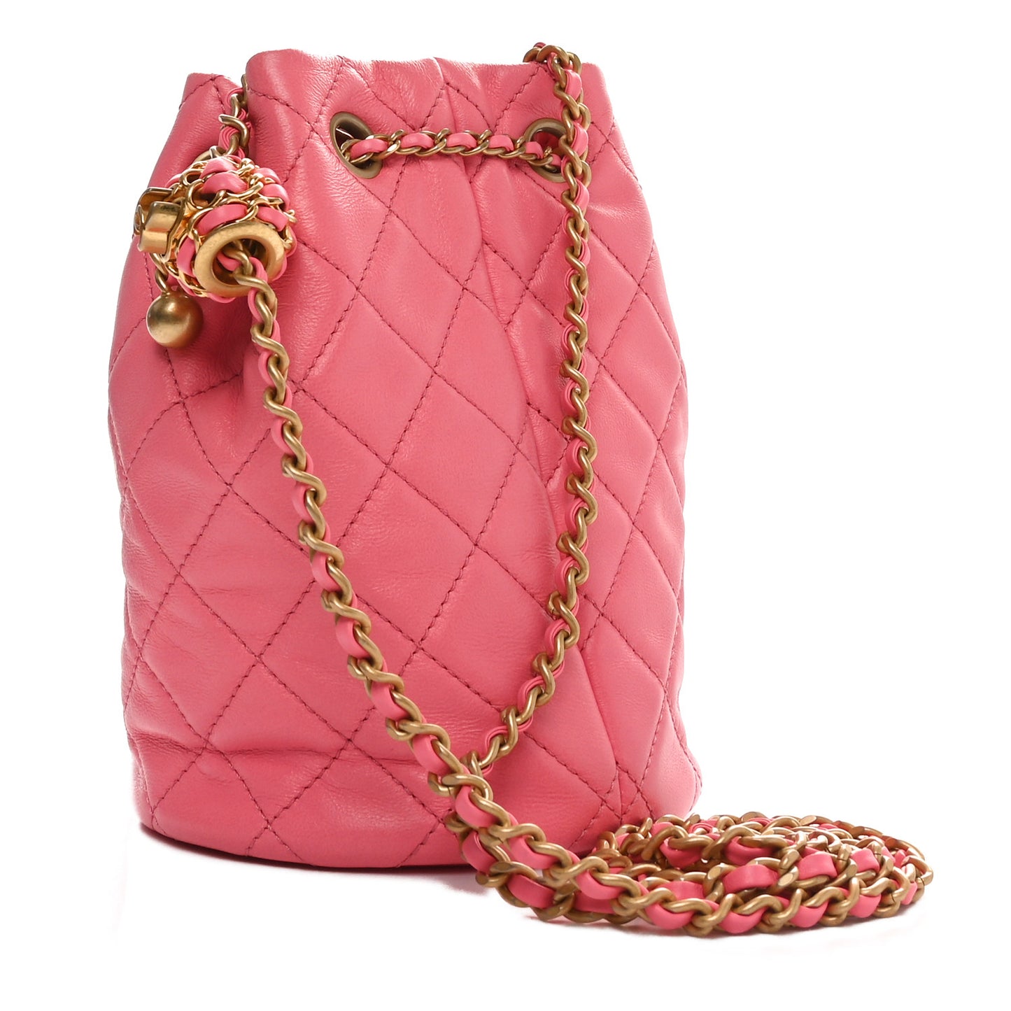 Lambskin Quilted Pearl Crush Drawstring Bag Pink