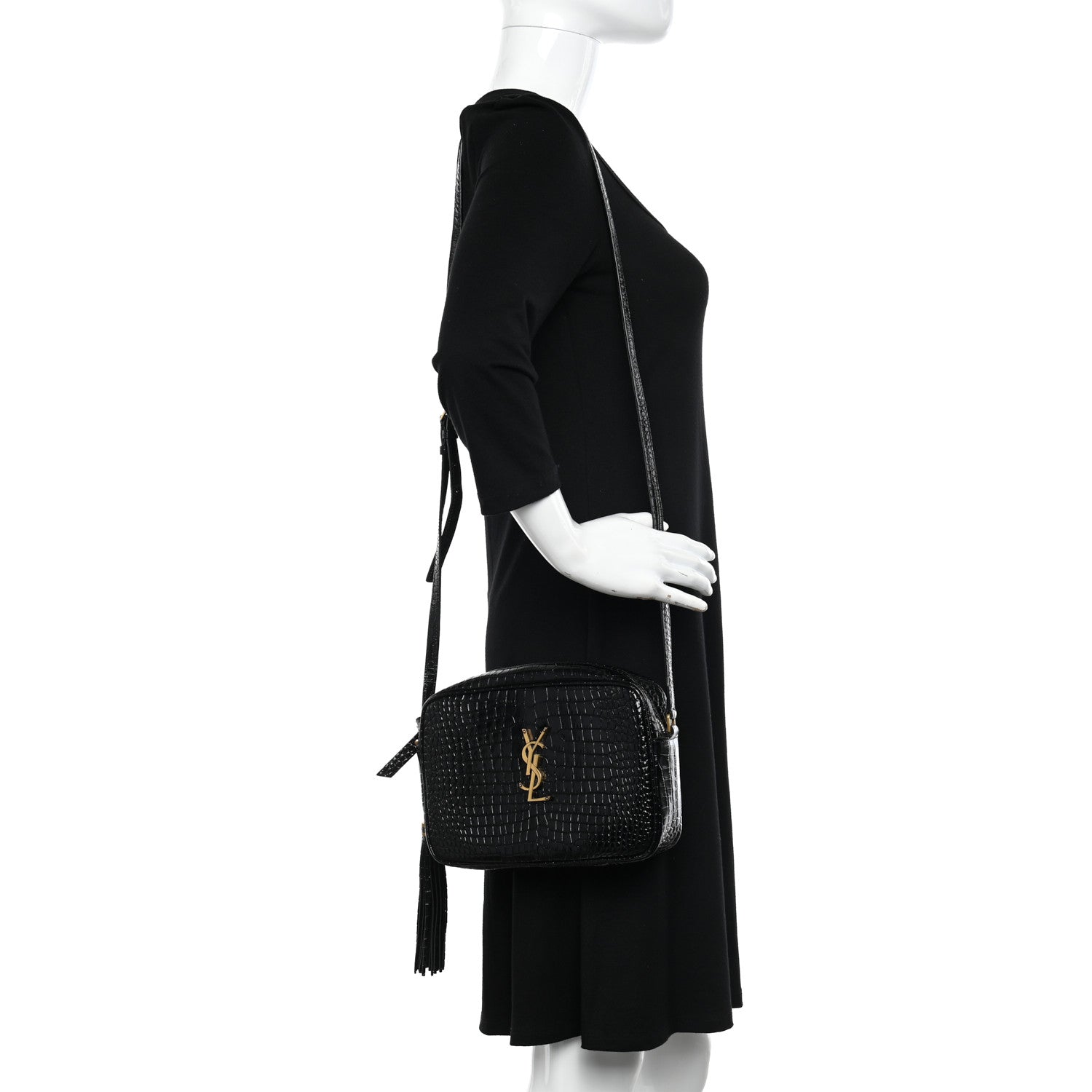 Saint Laurent Patent Calfskin Crocodile Embossed Monogram Lou Camera Bag Black 2 of 9