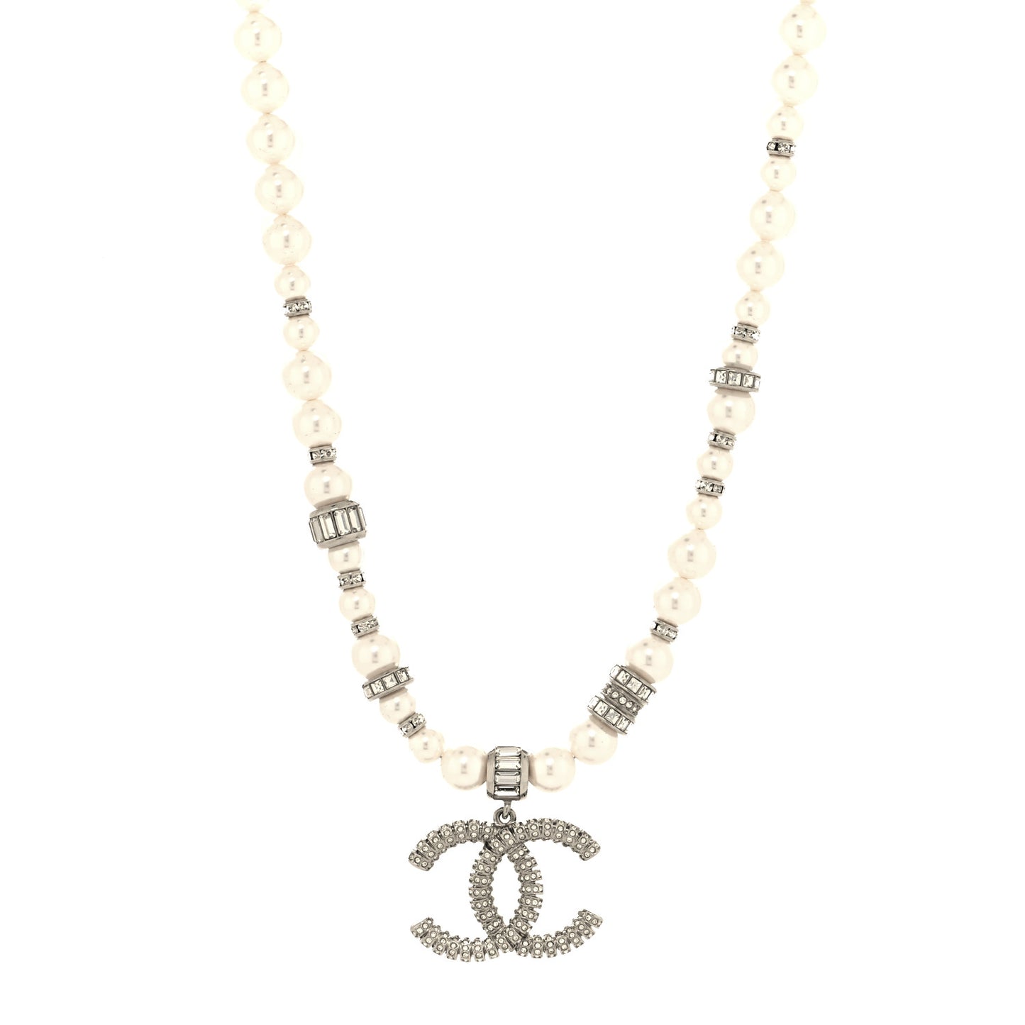Baguette Crystal Pearl CC Choker Necklace Silver