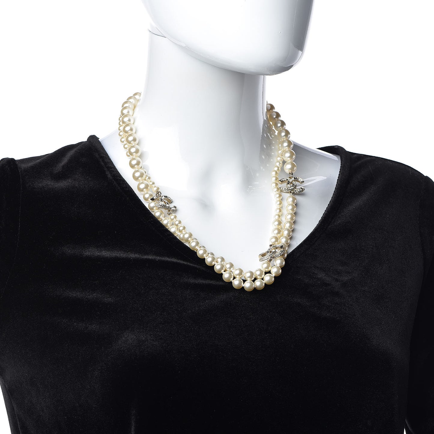 Pearl Crystal CC Long Necklace Black Gold