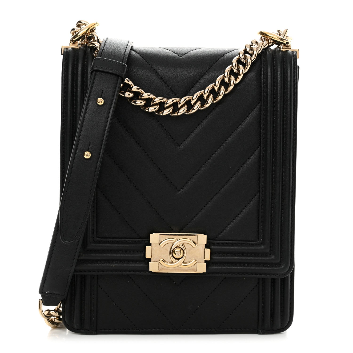 Chanel Calfskin Chrevron Quilted North South Boy Flap Black 1 of 14