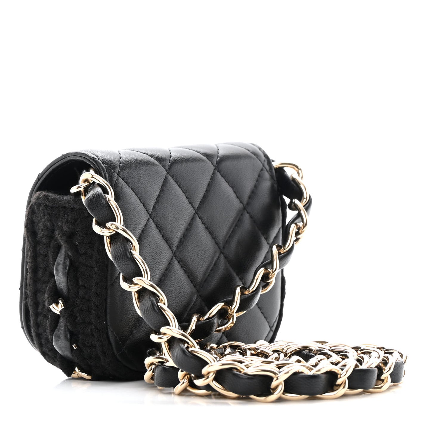 Calfskin Crochet Embroidered Quilted Mini Clutch with Chain Black